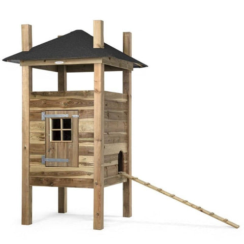 hoog konijnenhok buiten met trap hooiberg voor stro zij aanzicht  voldux 125x125x220cm