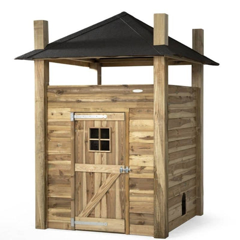 voorkant houten hooiberg voldux met houten deur
