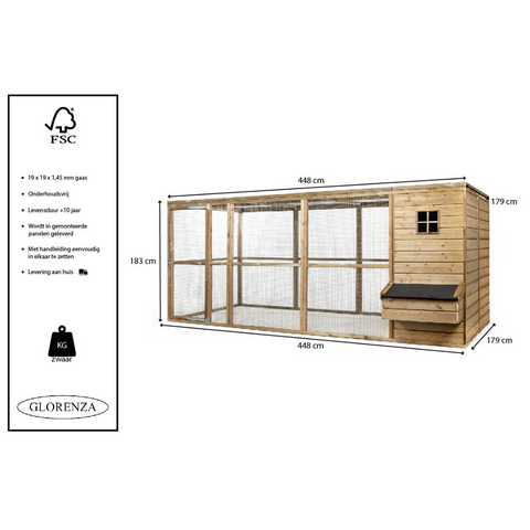Houten konijnenren Luuk XL Glorenza met groot Nachthok - 448x179x183cm
