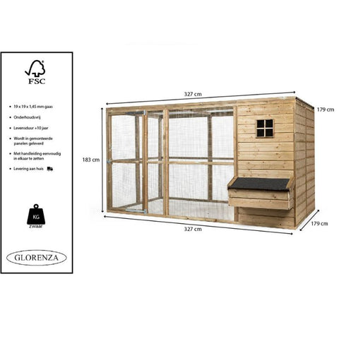 Houten konijnenren Luuk Glorenza met groot nachthok  - 327x179x183cm