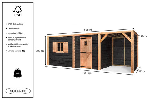 Konijnenhok met Schuilstal en houten schuur Volente Jan - 564x196x208cm